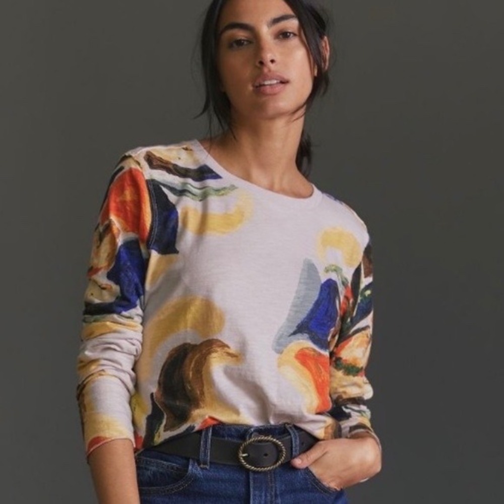 Anthropologie Abstract Floral Slub Cotton Long Sleeve Tee Medium Cream Multi